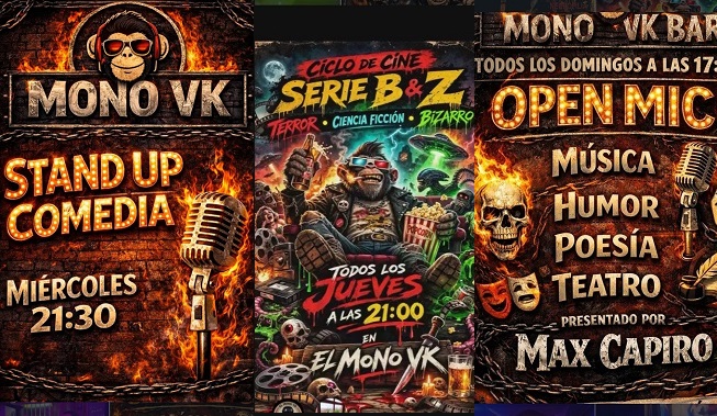 El Mono VK: Miércoles de comedia y chistes, jueves de cine serie B y Z, y domingos de micro abierto
