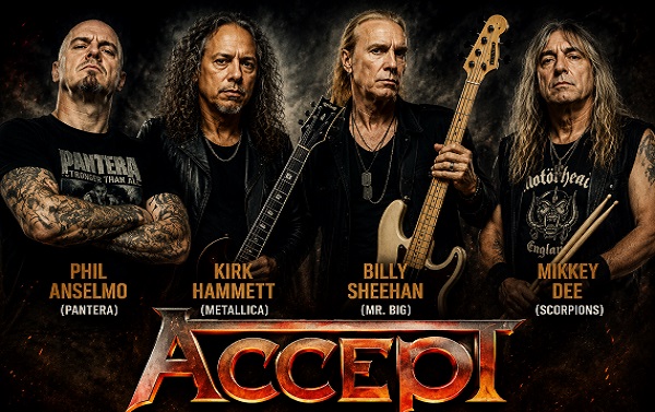 Phil Anselmo, Kirk Hammett, Billy Sheehan y Mikkey Dee en la nueva versión de «Fast as a shark» de Accept